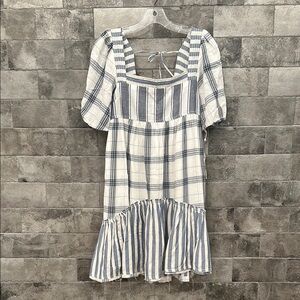 Anthropologie Blue and White Puff Sleeve Dress